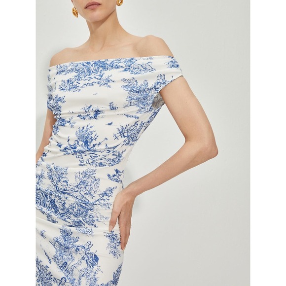 Commense Print Straight Neck Split Dress blue size M - Picture 3 of 5